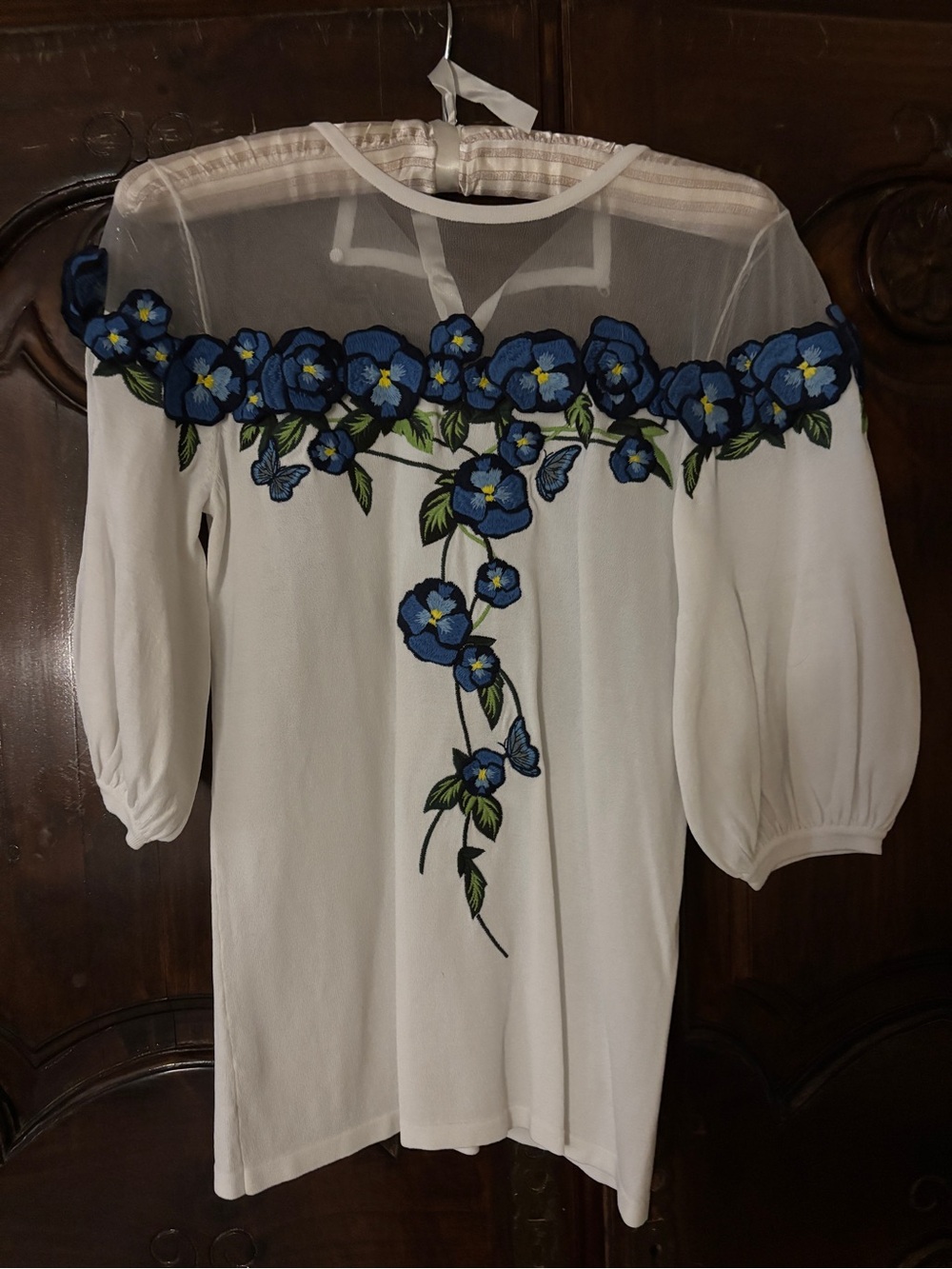 White Blouse with Blue Floral Embroidery and Sheer Yoke